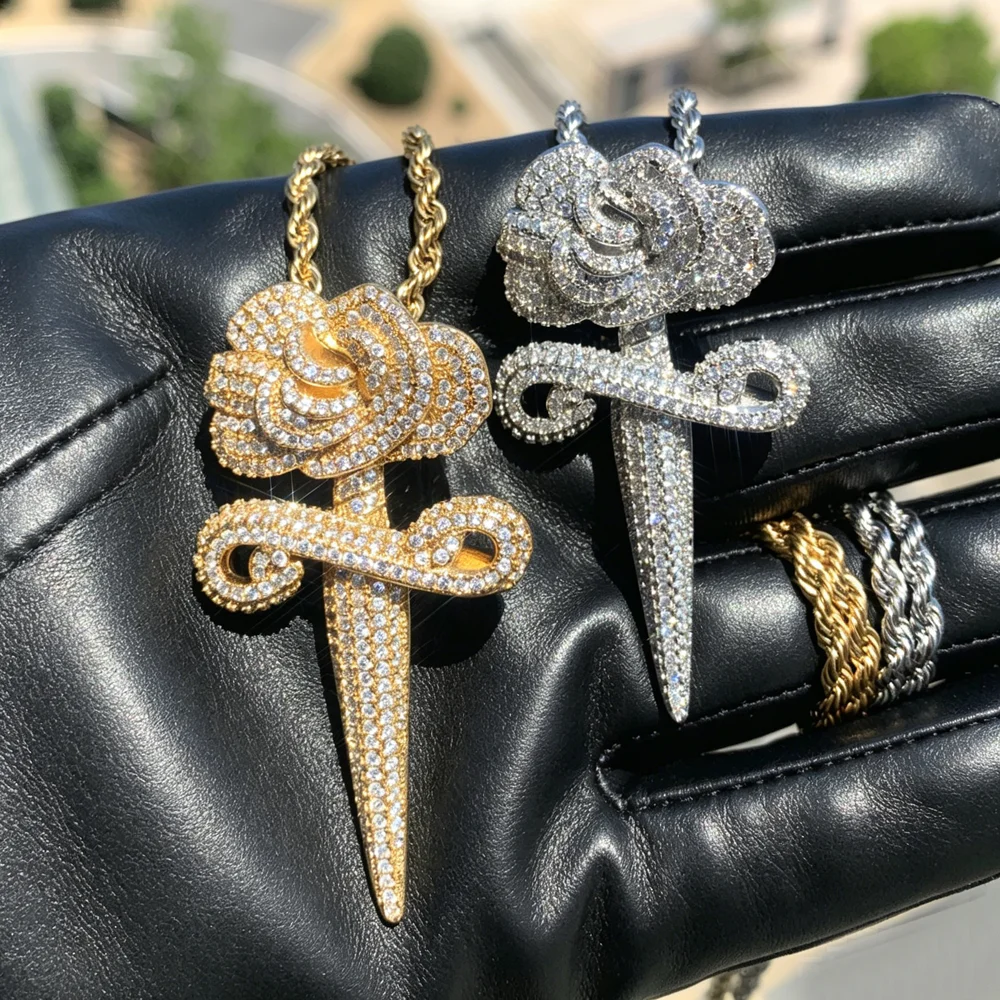 Iced Out Bling Rose Flower Sword Cross Pendant Necklace For Women Men Silver Color Cubic Zirconia Flower Charm Hip Hop Jewelry