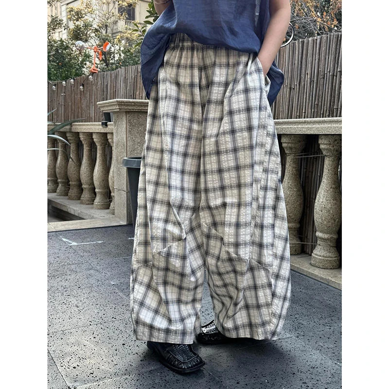 New 2025 Summer Women Plaid Print Pleats Design Ankle-length Pants Casual Loose Good Quality Elastic Waist Wide Leg Pants T163