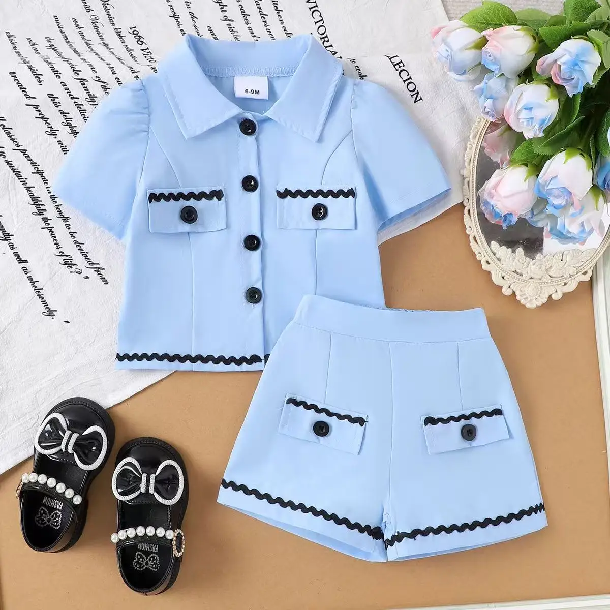 2026 New Summer Little Fragrance Style Blue Lapel Short Sleeve Shirt & Shorts 2 Piece Set Kids Fashion Outfit Children Clothing