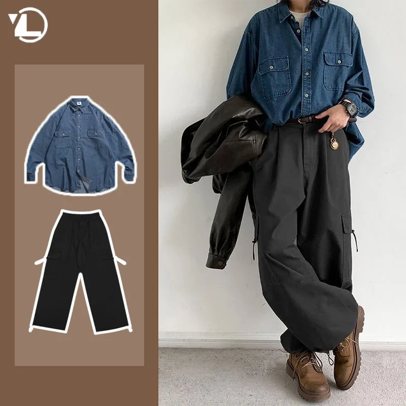 2024 Spring Casual Men Set Retro Simplicity Pocket Denim Shirt+big Pocket Street Hip-hop Cargo Pants 2-pcs Japanese Fashion Suit