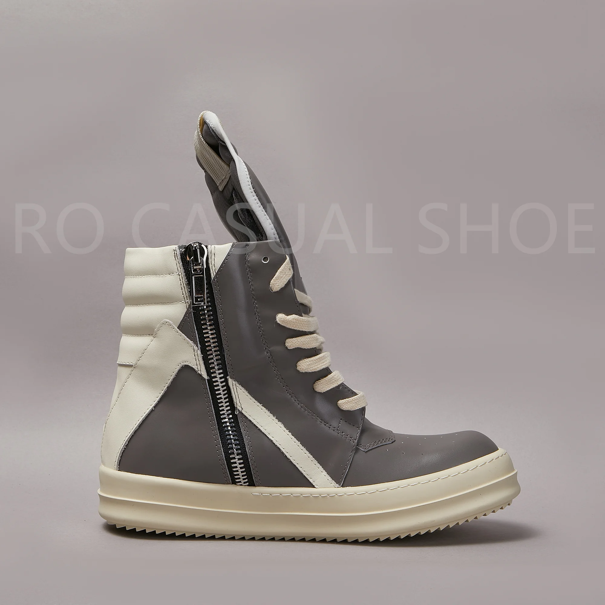 Ricks Genious Grey Leather High Top Geobasket Owens Quality Men Shoe Zipper Women Sneaker Casual Owens Design boots & Shoes