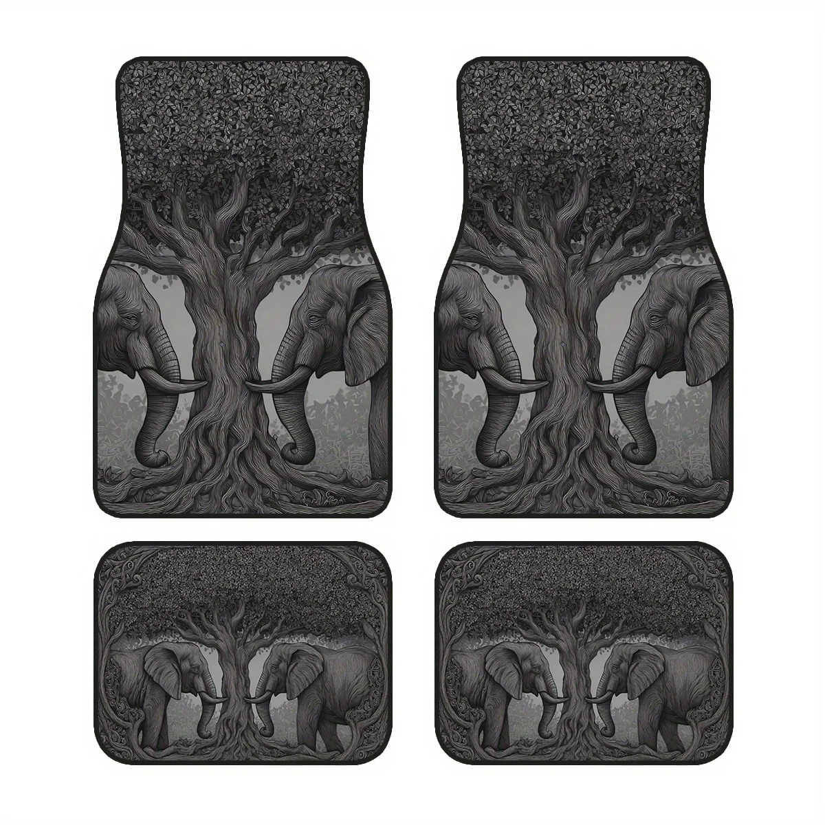 4pcs African-style Polyester Car Floor Mats With Double Elephant Tree Embossed Design, Interior Protection, Front And Rear Seat