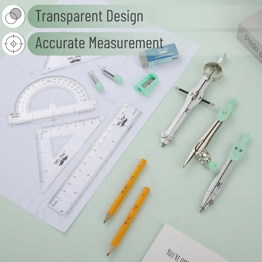 13ピース ミントグリーン 幾何学セット - 割れない収納ボックスとコンパス付き
