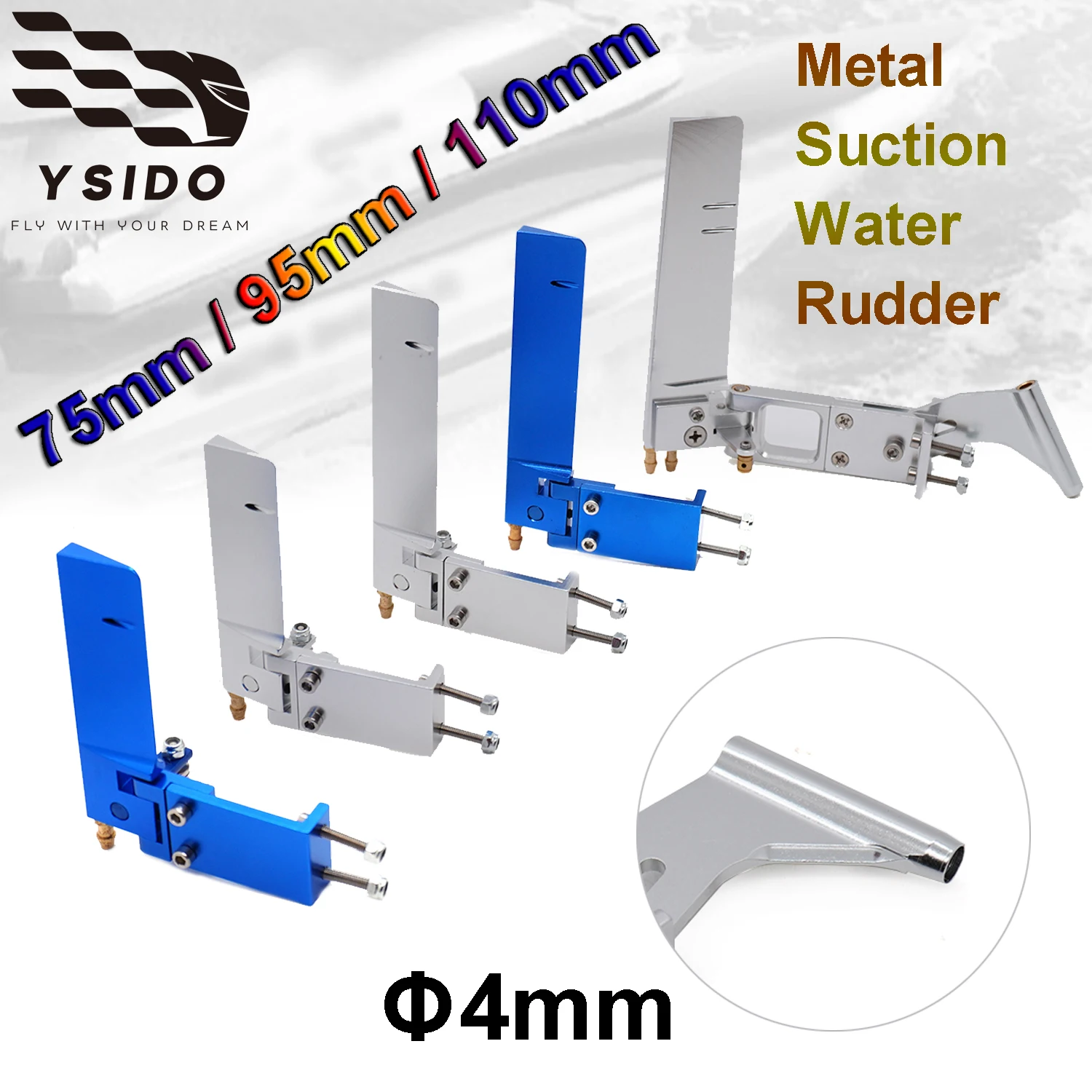 

YSIDO RC металлический водяной руль 75/95/110 мм всасывающий водяной руль с хвостовым кронштейном вала 4 мм для радиоуправляемой модели лодки корабельные аксессуары