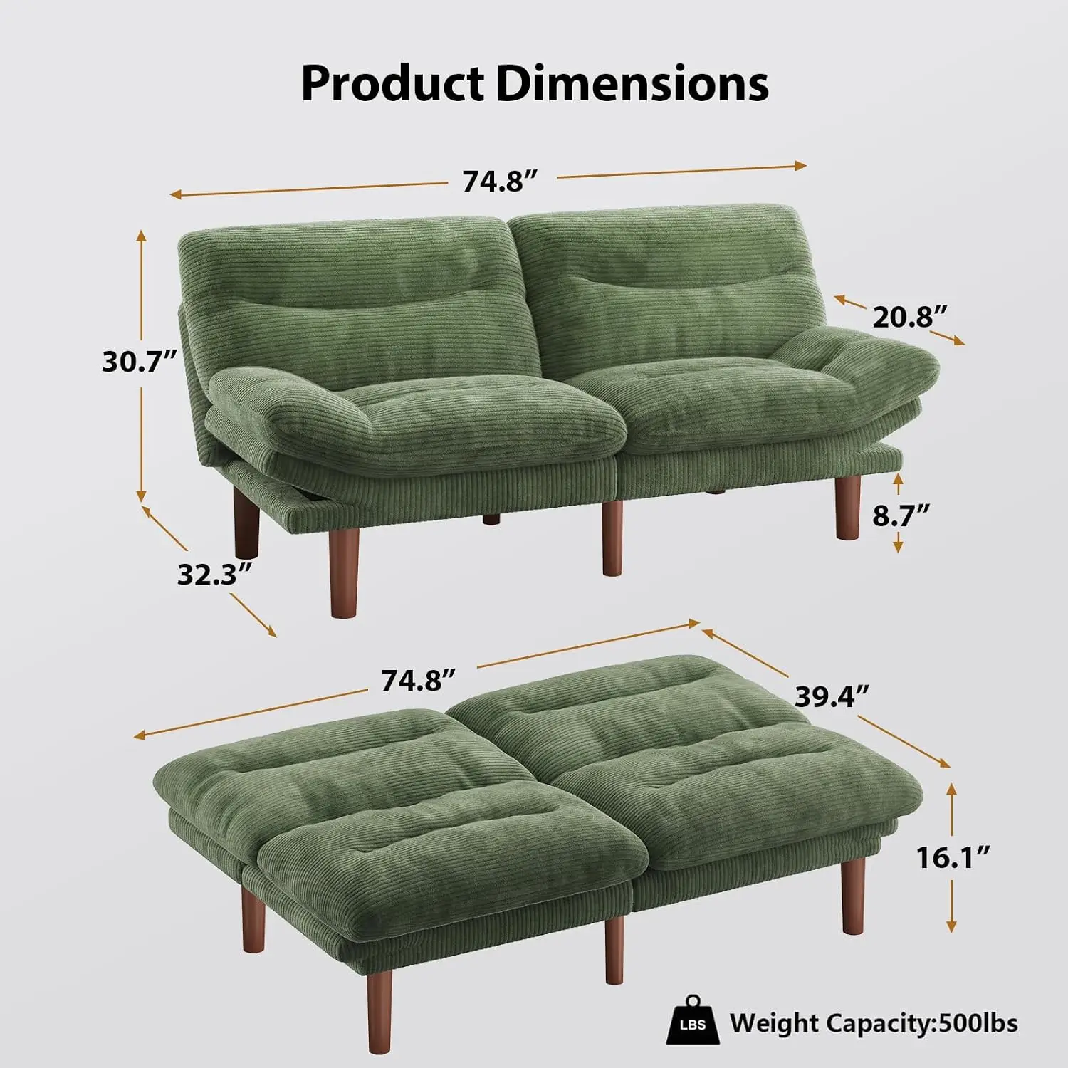 Foldable Futon Couch Settee Corduroy 66 Inch Emerald