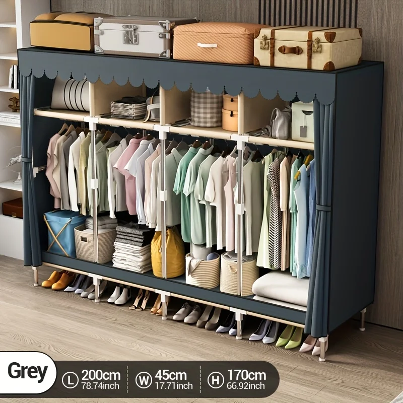 Metal Frame Portable Closet Organizer with Hanging Rods, Protective Fabric Cover Wardrobe Storage for Bedroom Portable Closets