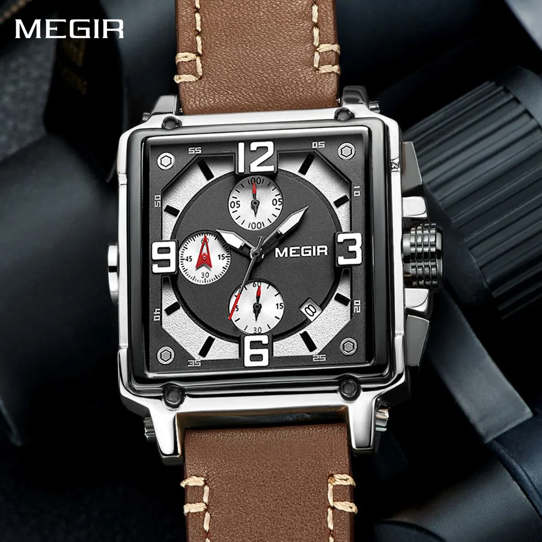 

MEGIR квадратный циферблат спортивный хронограф водостойкие светящиеся кварцевые военные часы для мужчин модные мужские наручные часы кожаные Relogio