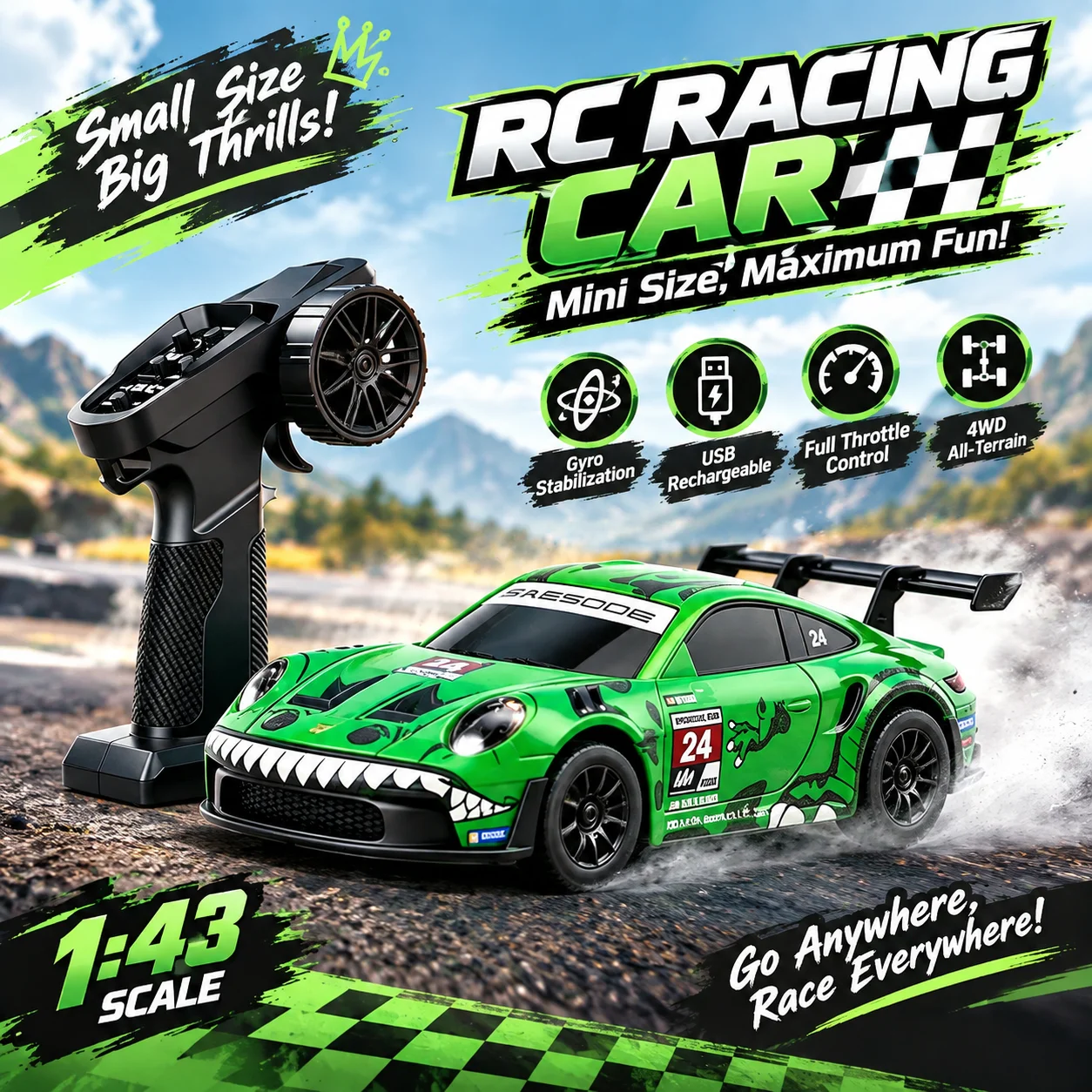 1/43 RC Drift Car, Metal Body Desktop Drift Racing Model with 2.4G Control & LED Lights, Gift for Boys
