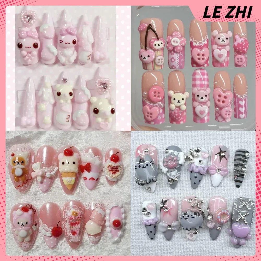 10Pcs Handmade 3D Rilakkuma Rabbit Cat Press On Nails Art Pink Sweet Japanese Style Strawberry Cake Y2K Fake Nails Sticker Gift