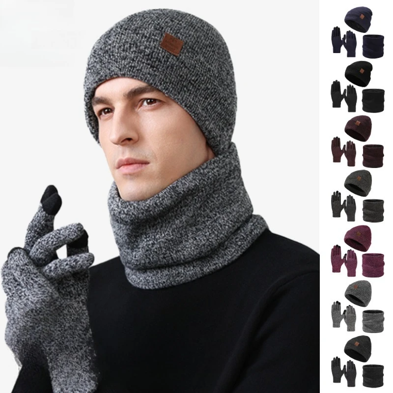 Winter Warm Three-piece Set Fleece Cold-proof Hat Scarf Gloves Outdoor Windproof Ear Protection Knitted Pullover Hat