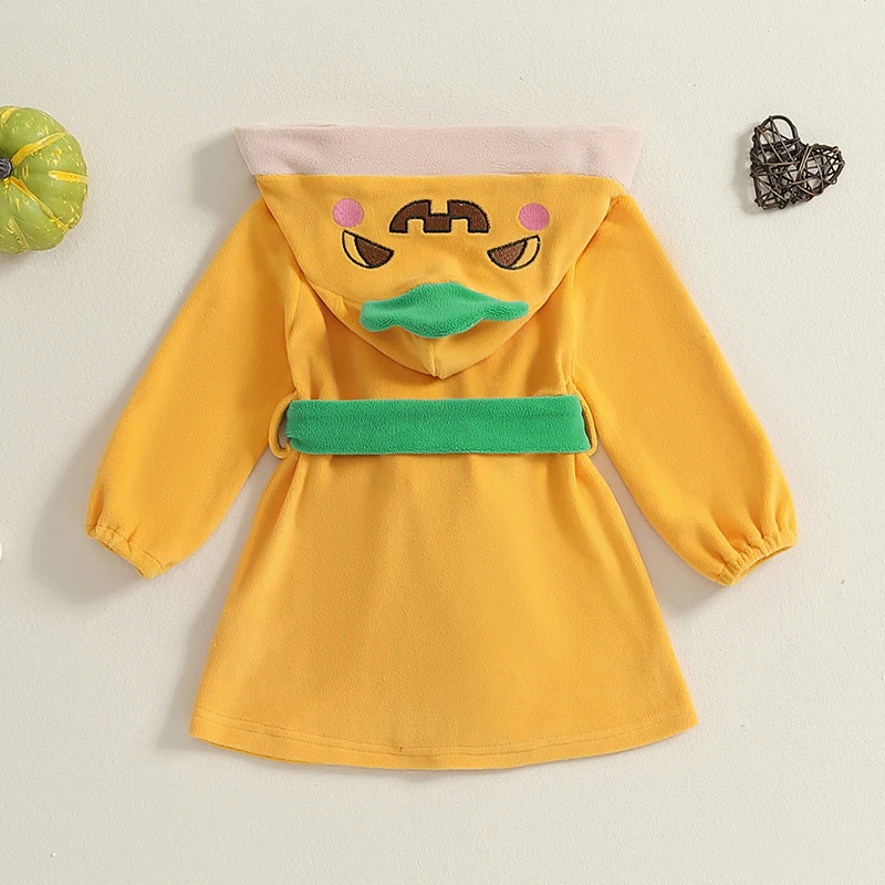 Boy Girl Halloween Bathrobe with Belt Cartoon Pumpkin/Chick Print Plush Long Sleeve Hooded Robe