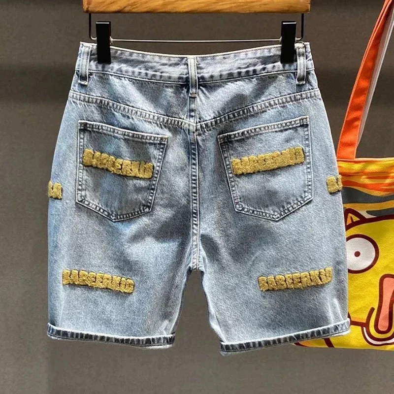 Men's Short Jeans Pants Embroidery Male Denim Shorts With Text Graphic Original Trend Popular Summer Luxury Cowboy Buttons Retro