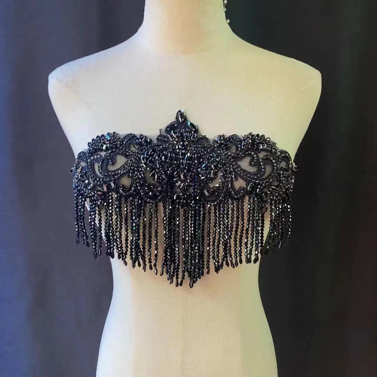 

Black 3D Diamond Rhinestone Fringe Applique Crystal Bead Chain Patch for Bridal Cape Necklace Sash,Body Jewelry Embellishment