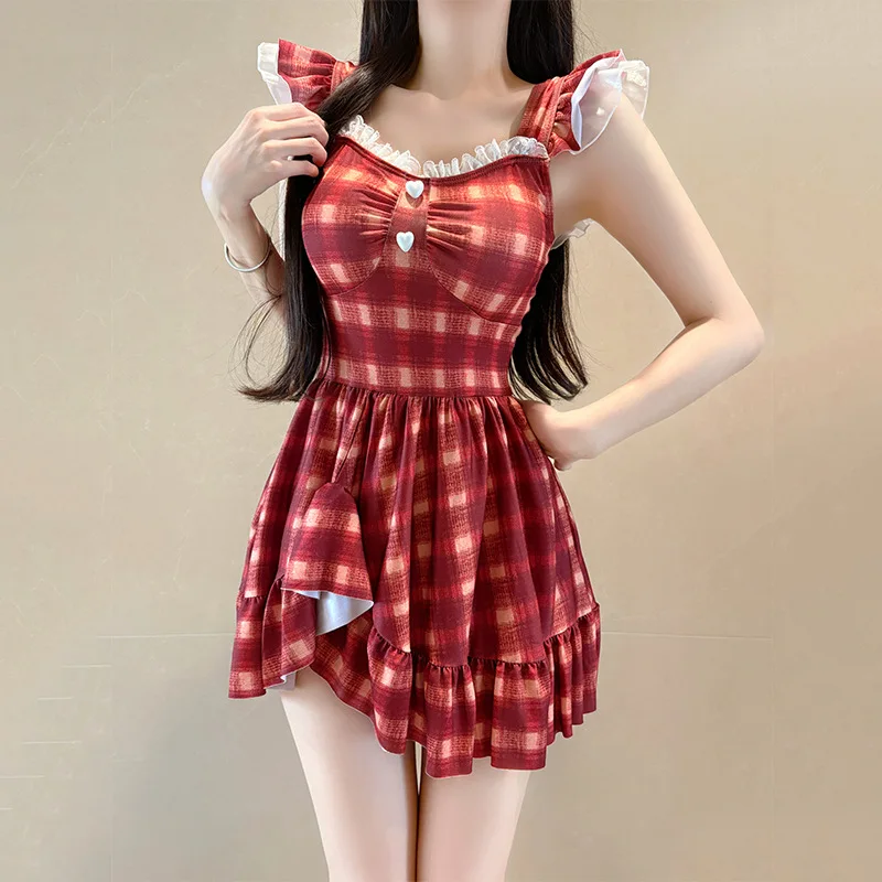 섹시한 한국 패션 러플 화이트 레이스 수영복 원피스 체크 무늬 불규칙 미니 드레스 큐롯 비키니 패드 수영복 탱키니