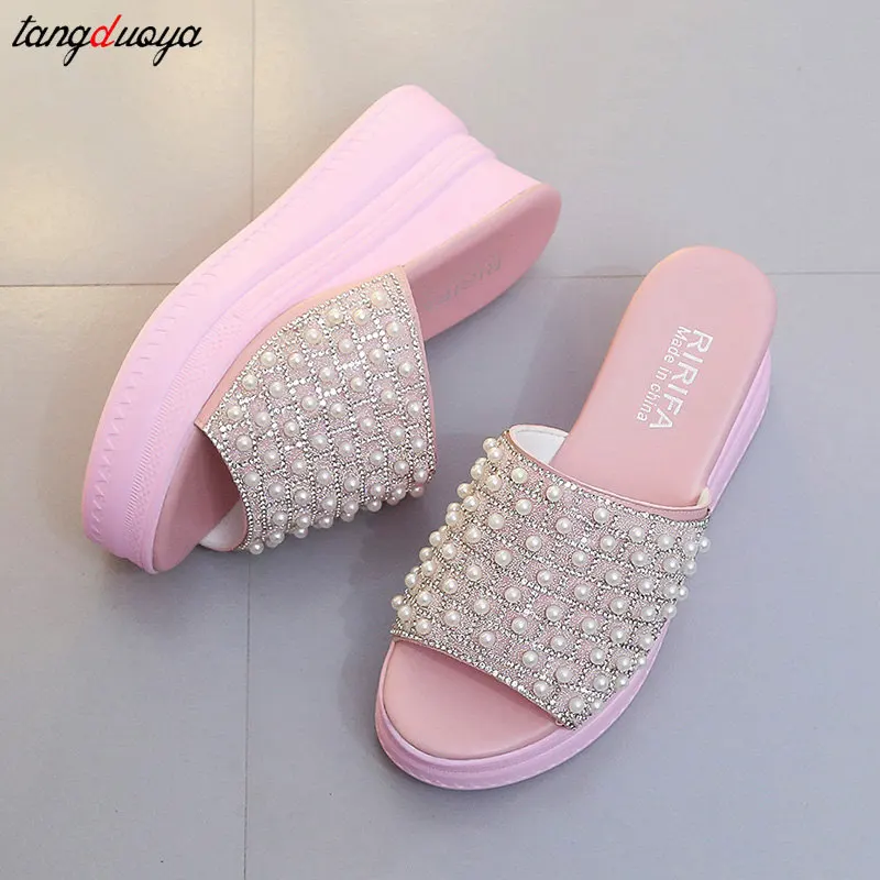 pearl white pink slippers Flip Flops Women shoes Slippers Platform Summer Shoes Open Toe Wedges Sandals Ladies Shoes women heels