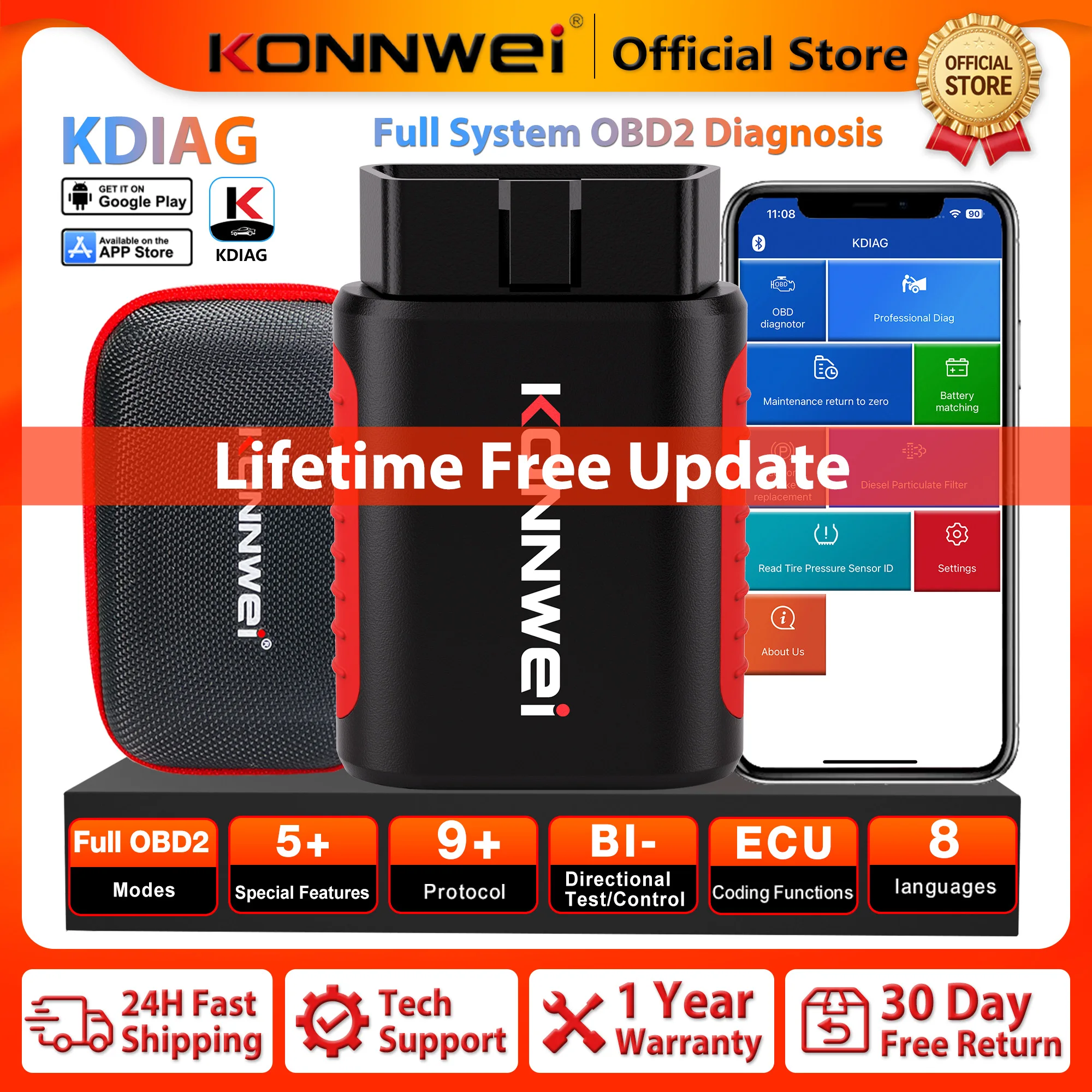 2026 KONNWEI KDIAG Car Obd2 Bluetooth All System Diagnostic Tool Read Erase Codes EPB DPF Oil Reset SRS SAS TPMS Sensor Scanner