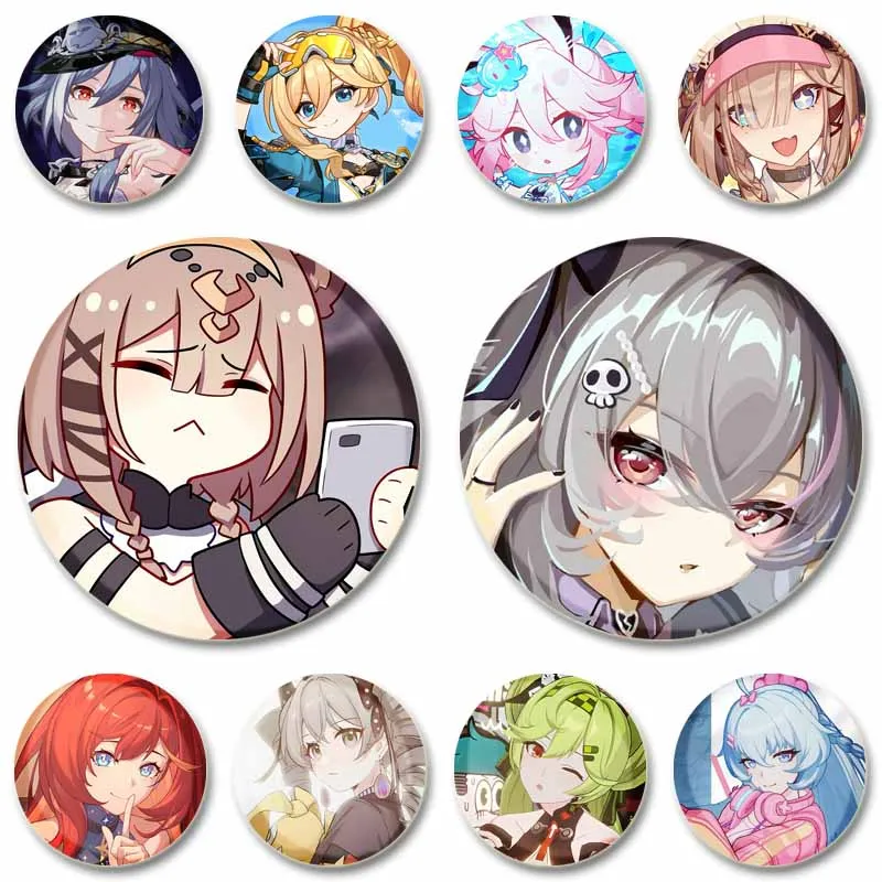 

58mm Game Honkai Impact 3 Round Brooch Tinplate Lapel Pins Cartoon Character Kiana Kaslana Bronya Raiden Mei Badge for Bag Gifts