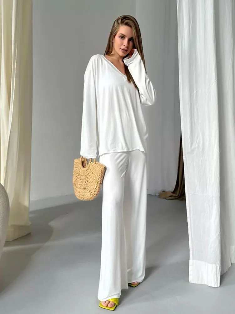 

Casual Homewear Women Suit Loose V-neck Basic T-shirt Long Trouser Two Piece Set Long Sleeve Tees Simple Pajamas Sleep Outfits