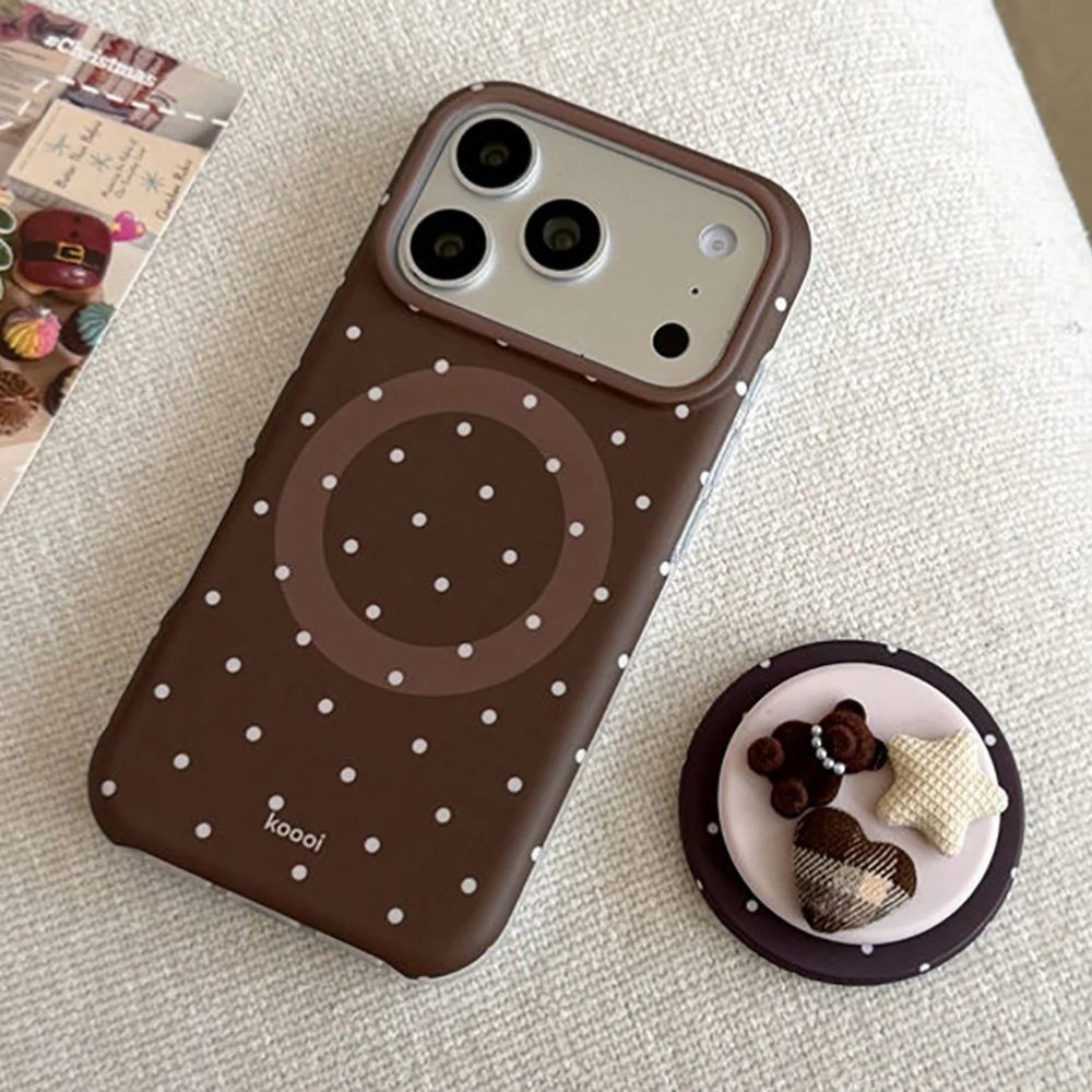 Luxuriöse braune weiße Polka Dot-Muster-Magnet-Handyhülle für iPhone 13, 14, 15, 16, 17 Pro Max, stoßfeste, niedliche Abdeckung für Magsafe-Hülle
