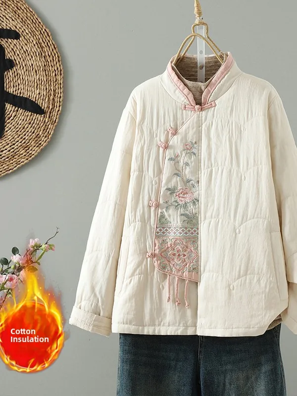 

Новая китайская льняная хлопковая куртка с воротником-стойкой и вышивкой по бокам, женская осенне-зимняя тонкая этническая кроватка Sle...