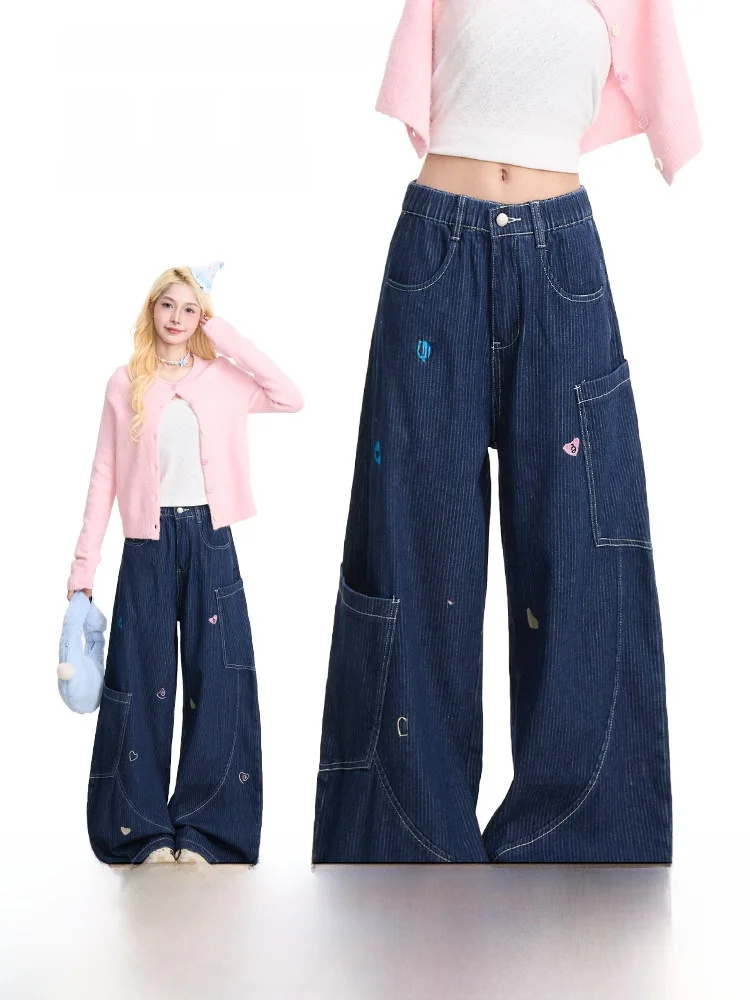 

NERESUM American Casual Embroidered Knife Women's Workwear Pants Loose Lazy Jeans Long Trousers INS Style Cotton Polyester