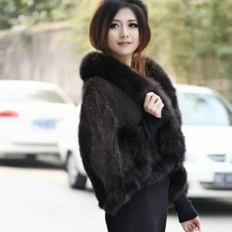 100% Natural Genuine Mink Fur Shawl With Fox Fur Collar Winter Women Real Mink Fur Coat Knitted Fashion Ladies Cardigan Fur Cape