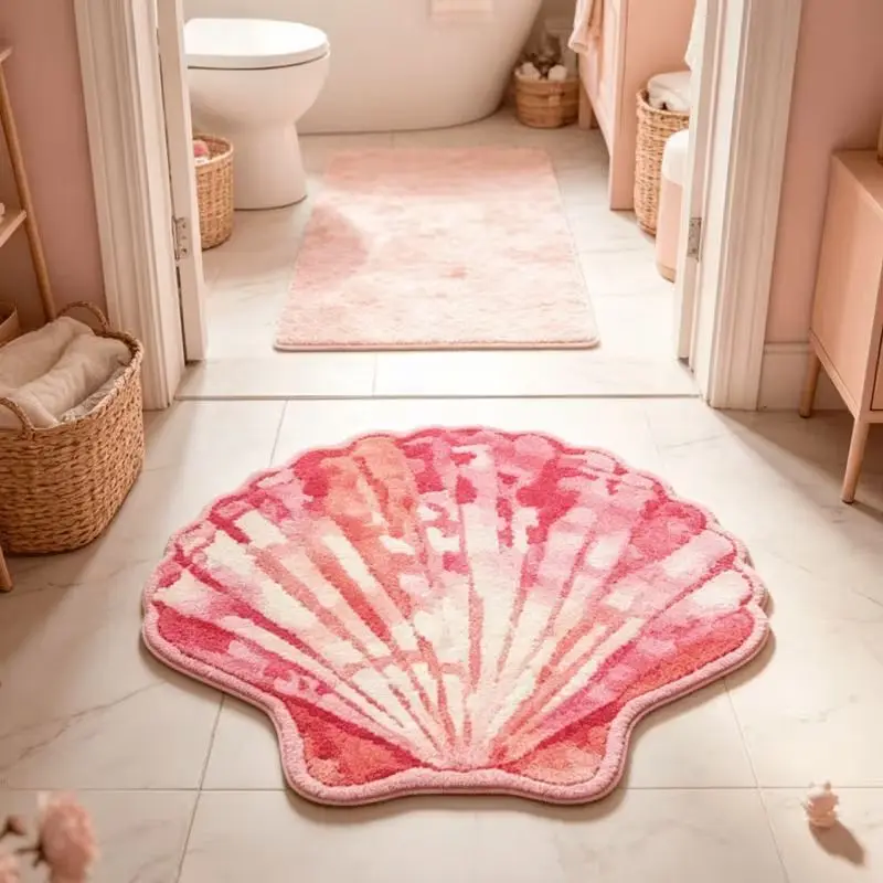 VIKAMA Shell Shaped Area Rug Pink Scallop Seashell Non Slip Washable Soft Absorbent Bathroom Floor Carpet Girls Bedroom Decor