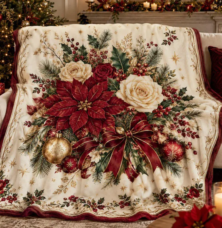 Christmas Blanket, Holiday Floral Minky Sherpa Throw, Vintage Ornament Winter Decor, Cozy Gift for Mom Her Home Decoration