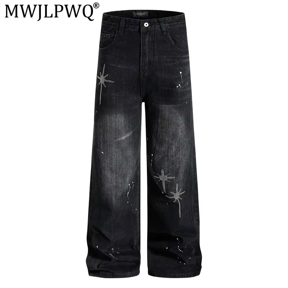 MWJLPWQ Street Style Washed Distressed Jeans For Men American Trendy Design Rhinestones Paint Splatter Loose Trousers 20337