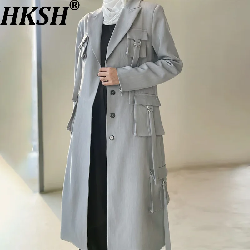 HKSH Women Elegant Long Blazer Multi-pocket Solid Color Slimming Fashion Office Lady High-end Ins Trench Coat New Spring HK19924