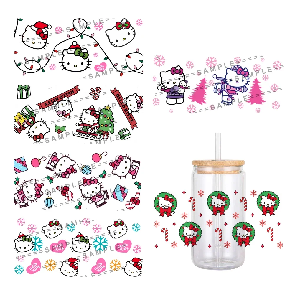 Christmas Theme Sanrio Hello Kitty Pattern UV DTF Transfer Sticker Waterproof Tumbler Decals For 16oz Glass Cup Wrap Stickers