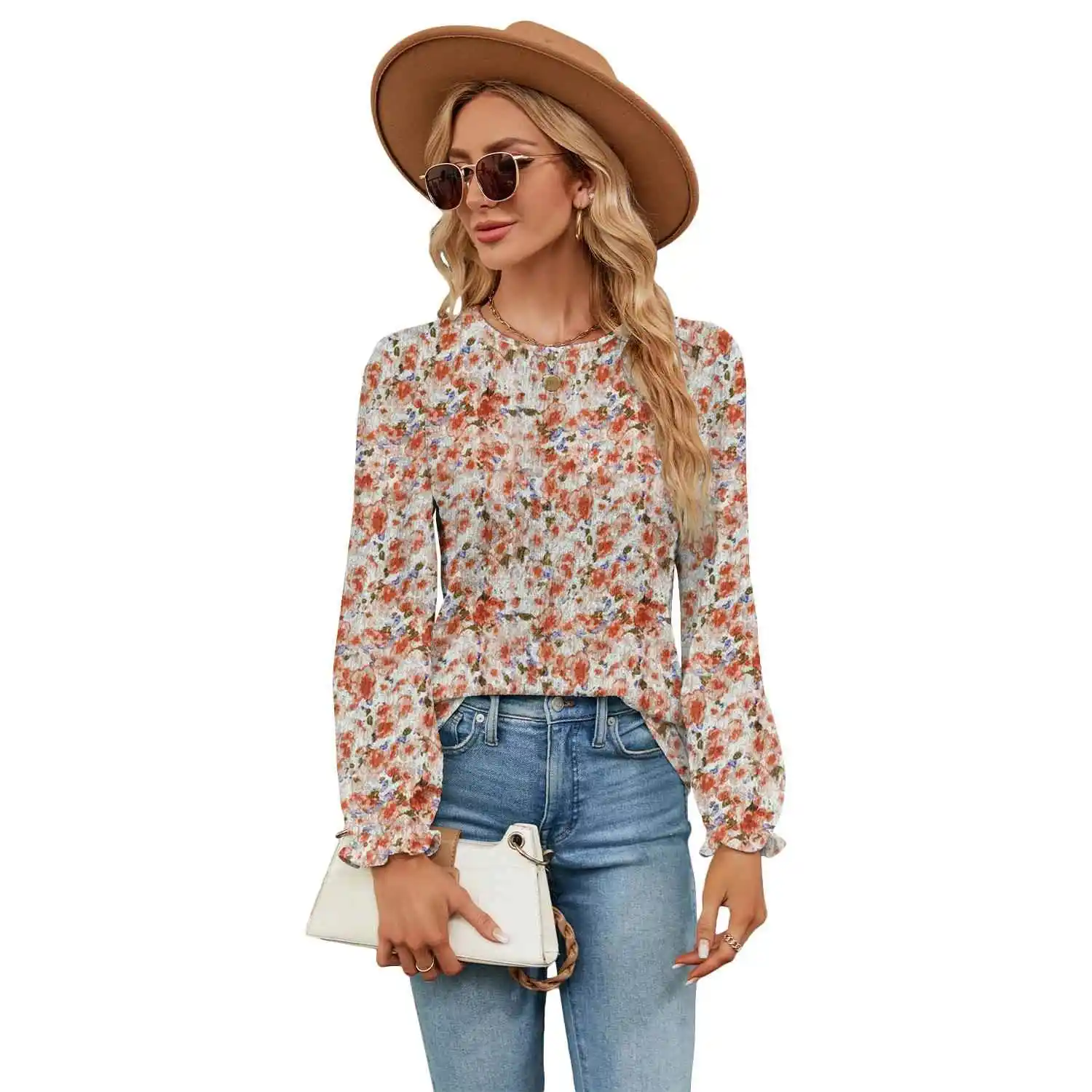 

Универсальные свободные топы с цветочным принтом, женские круглые топы для удобной дышащей одежды, сезонная одежда на весну, осень и зиму