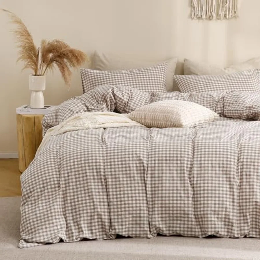 

Duvet Cover Bedding Set 100% Washed Cotton Like Linen Feel Super Soft Comfy 3 Pcs Brown Vintage Plaid Checke Fall Comforter Cov