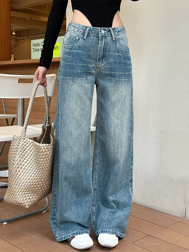 Washed American Style High Street Loose Retro Cracked Low Waist Jeans Women's Autumn New Slim Straight Long Pants Large Size