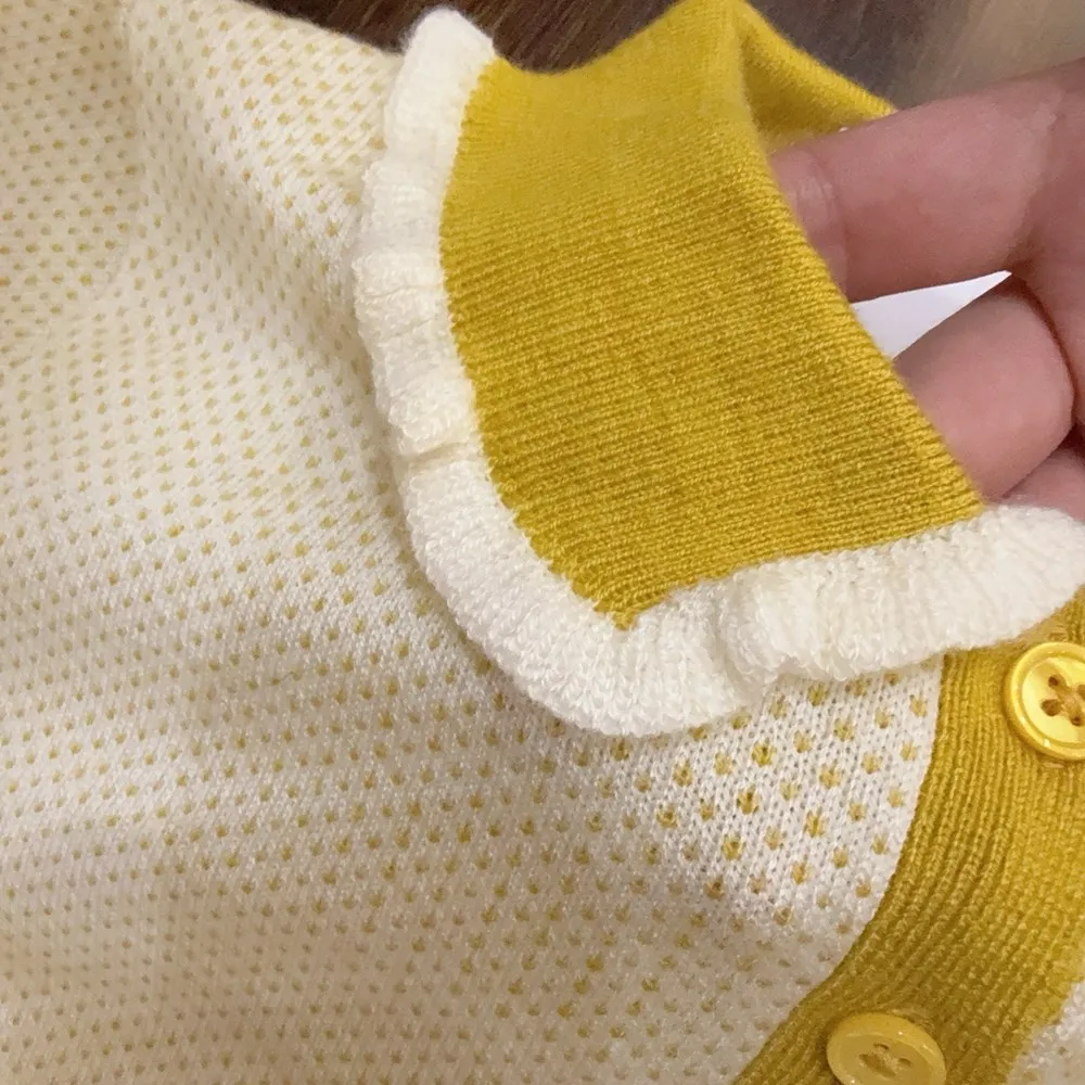 ملابس أطفال بناتي سترة أطفال سترة محبوكة للفتيات الجميلات مع ياقة صفراء بلوفر مريح ودافئ
