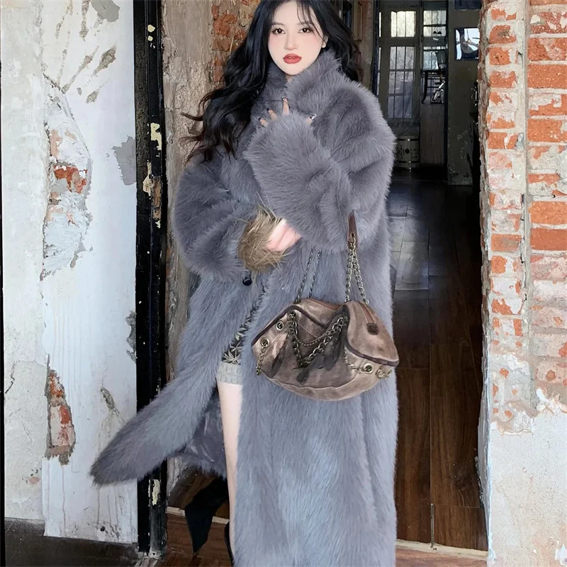 Autumn Winter Female Thickening Fur Jacket 2024 Ladies Long Solid Color Plush Outwear Korean Women Long Sleeves Faux Fur Coat