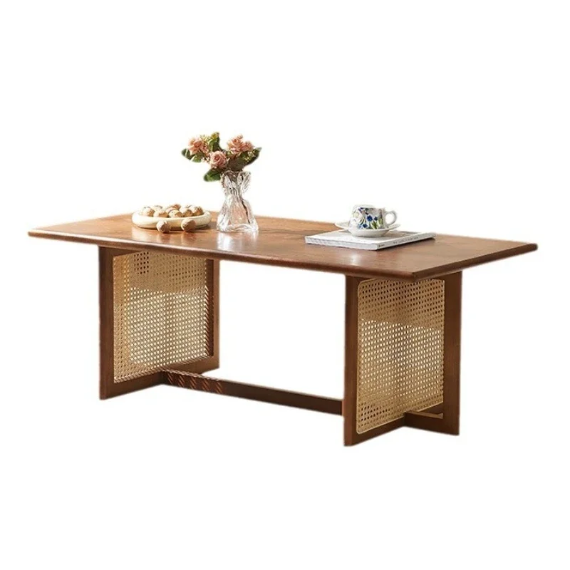 Japanese-style solid wood rectangular household coffee table, living room rattan ash wood retro low table