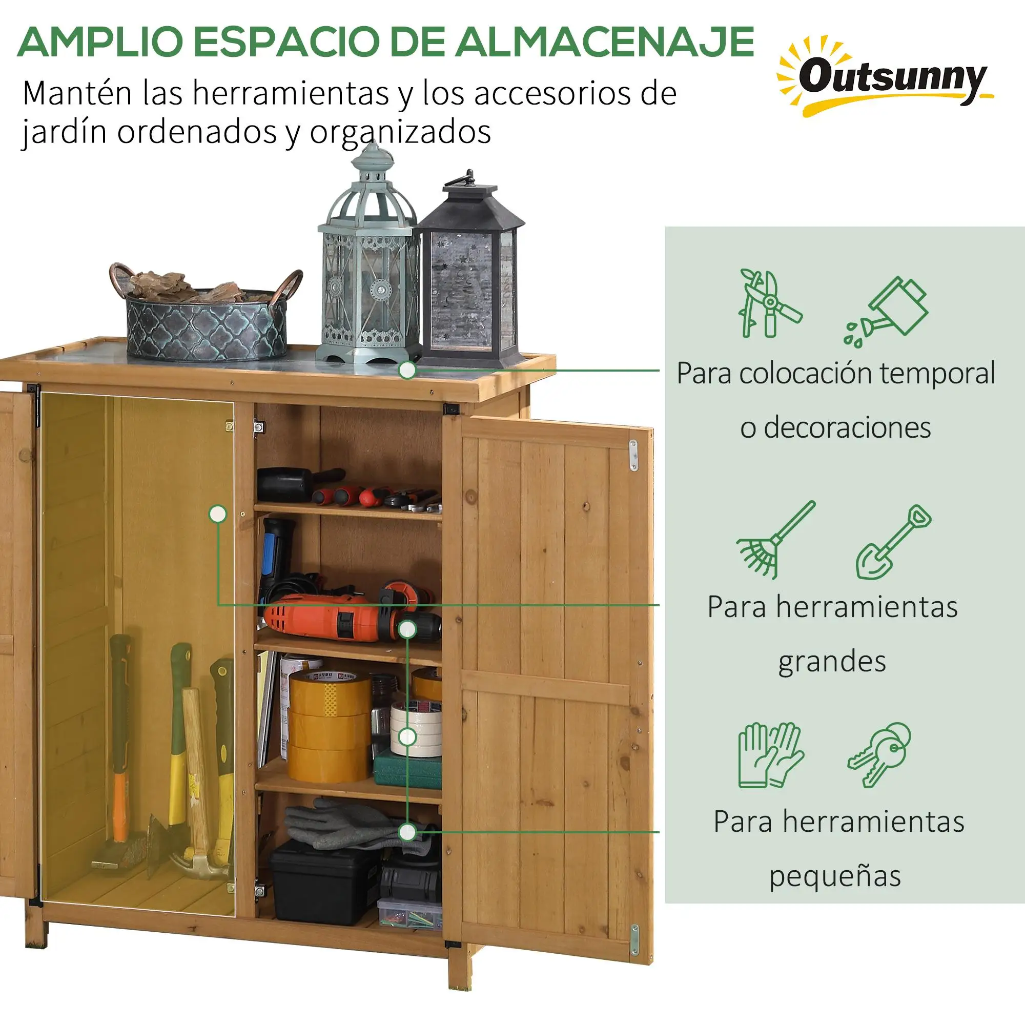 Caja de Almacenamiento para Jardín de Madera 75X40X90Cm, 4 Estantes, Cierre Magnético Galvanizado, para Herramientas de Exterior