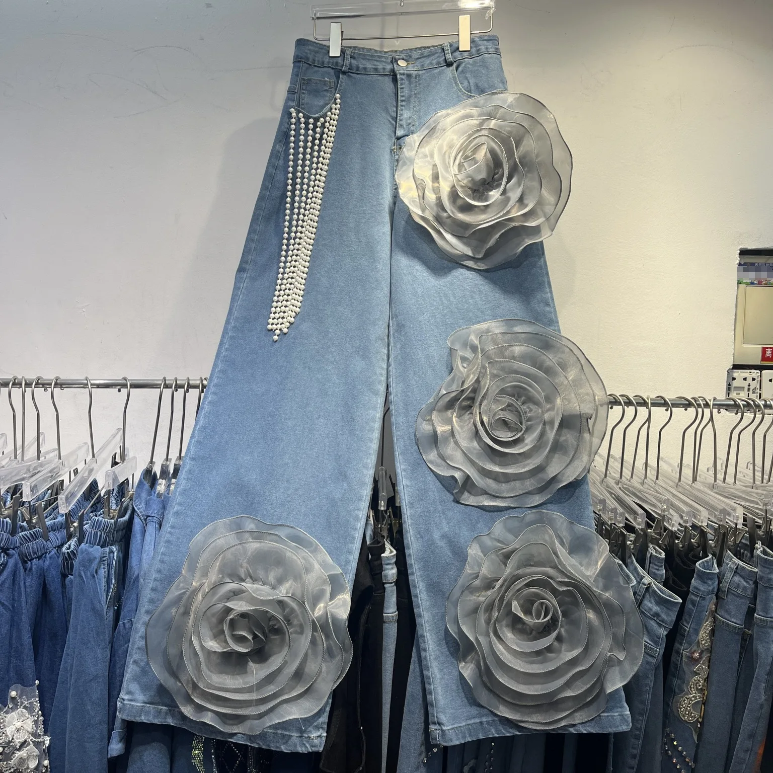 SuperAen Wide-leg Casual Jeans Women's Spring and Summer High Waist Loose New Design Three-dimensional Flower Jeans