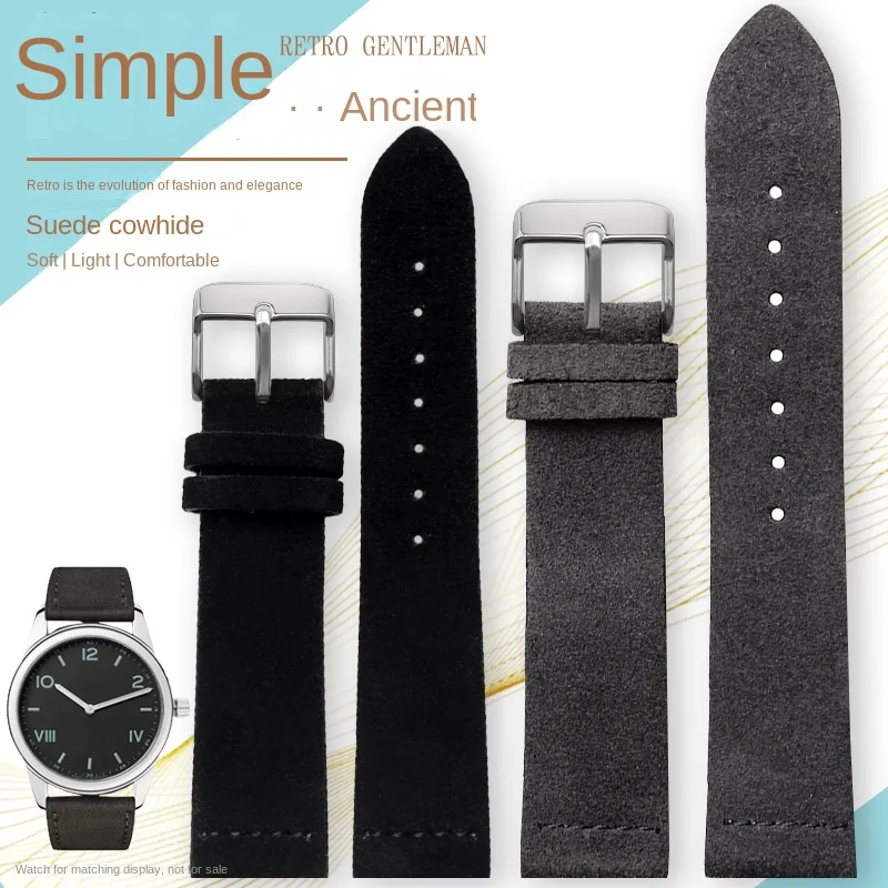 Suede Cowhide Strap For any brand 16 18 20 22mm Genuine leather Watch band Vintage Wrist band Light brown gray green Accessories