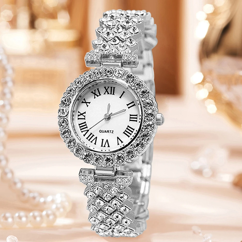 4Pcs/Set Unisex Jewelry Watches Women's Wristwatch Accessories Silver Trendy Fashionable Elegant Classic Exquisite Light Luxury Rhinestone Luxury Roman Numeral Dial Round Dial Quartz Watch Set Y2K Suitable for Daily Outfits Perfect Holiday Gift