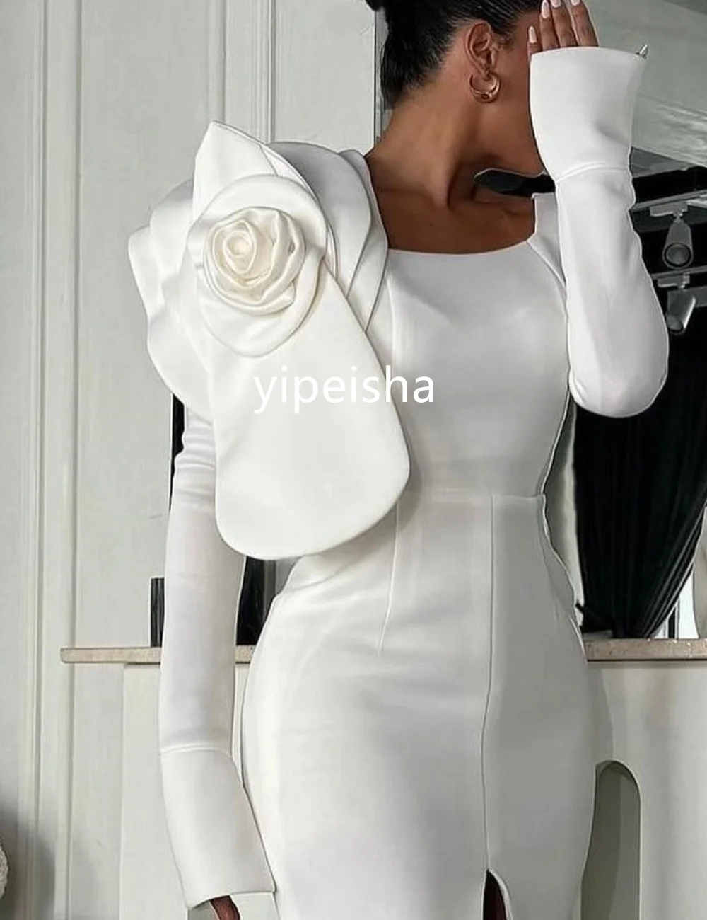 Customized Sizes Available Jersey Pleat Flower Column Square Neck Midi Dresses Evening  Exquisite High Quality Sexy Sparkle