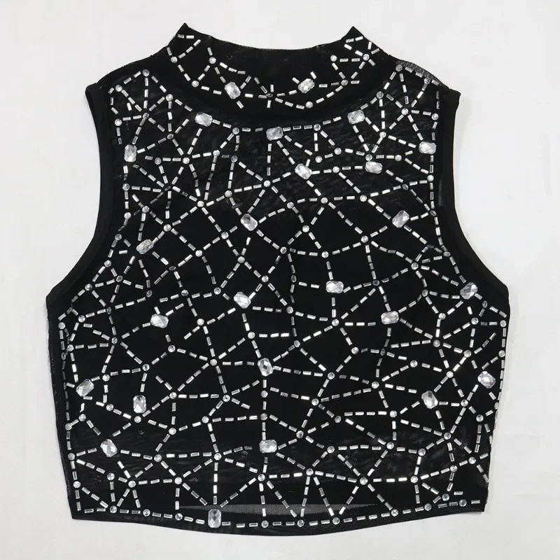 GUWU Vrouwen Set Mouwloze Crop Top + Mesh Hot Strass Mini Rok Pak Twee 2-delige Set Sexy Party Club Night outfits