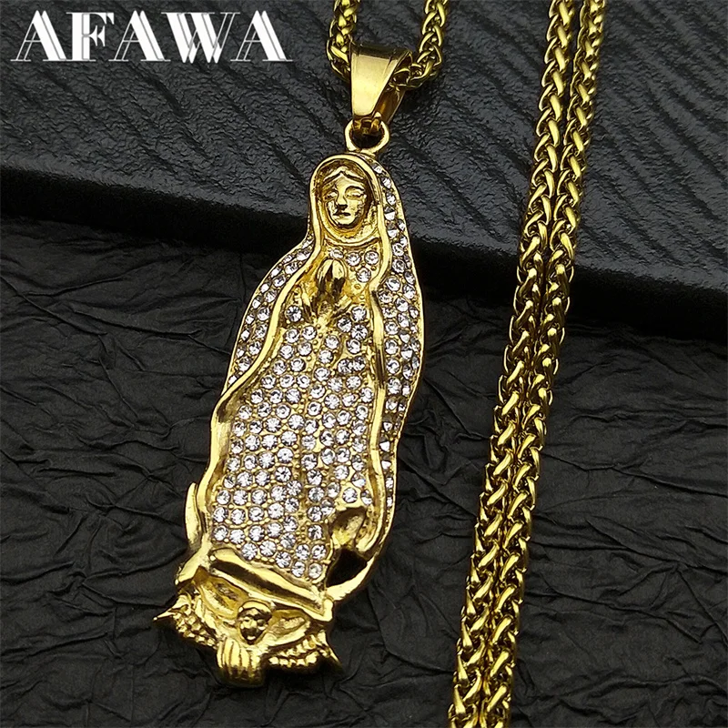 

Catholic Virgin Mary Our Lady of Guadalupe Pendant Necklace for Women Men full Rhinestones Gold Plated Stainless Steel Jewelry