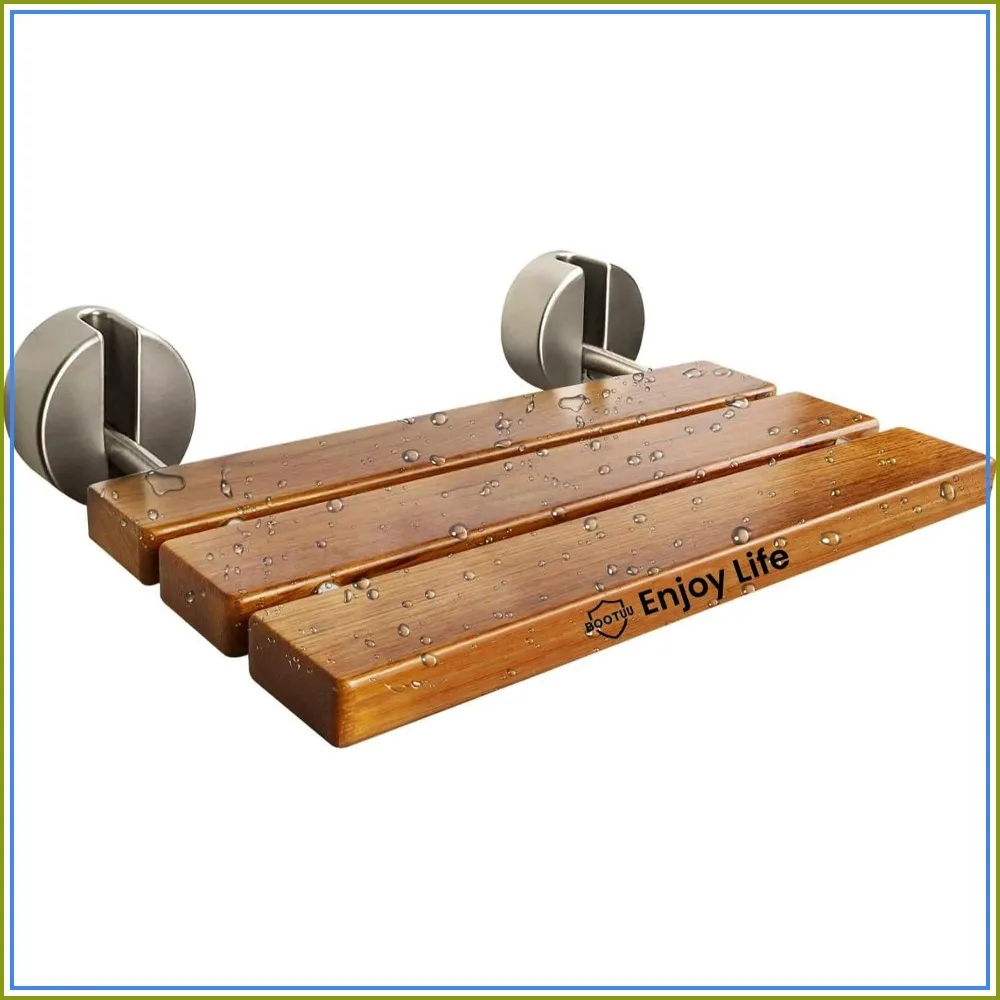 

Teak Folding Shower Seat Wall Mounted, 400 Lb Capacity, Space-Saving Anti-Pinch Design