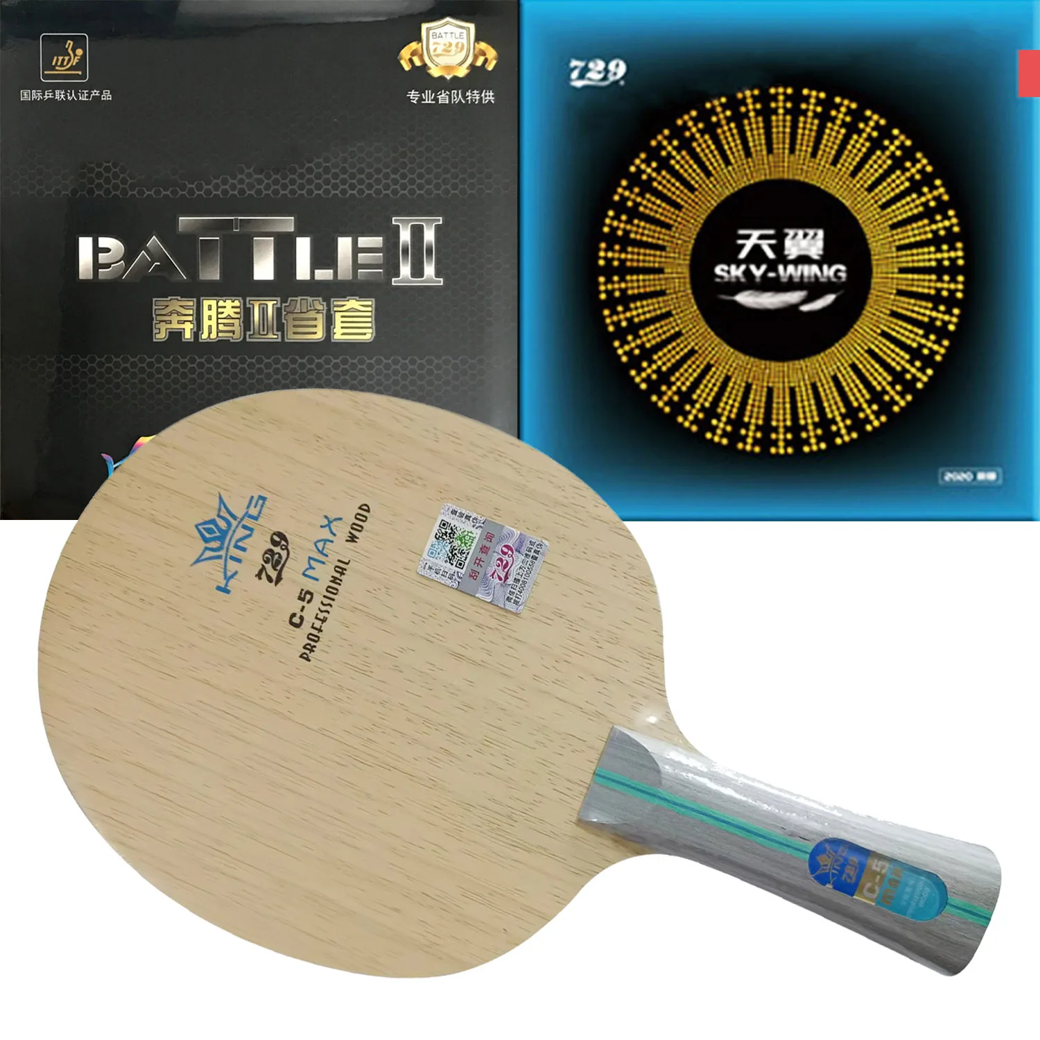 Pro Combo Racket 729 C-5 Table Tennis Blade with 729 Provincial BATTLE II BATTLE 2 Pro and 729 Sky-Wing Rubber With Sponge