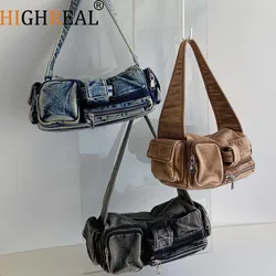 Women Denim Crossbody Bag Casual Large Capacity Shoulder Bag Vintage Solid Color Messenger Bag Multi-Pockets Zipper Commute Bag