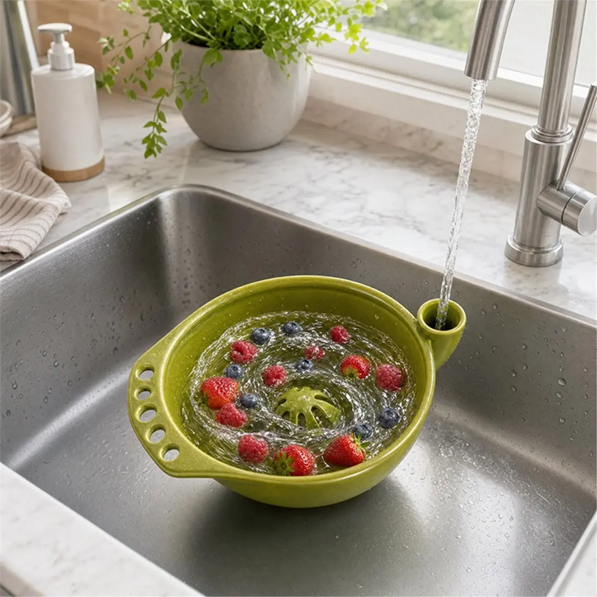 Self- Berry Washer Bowl Ceramic Fruit Strainer Colander, Gentle Rinse for Strawberries Blueberries Blue