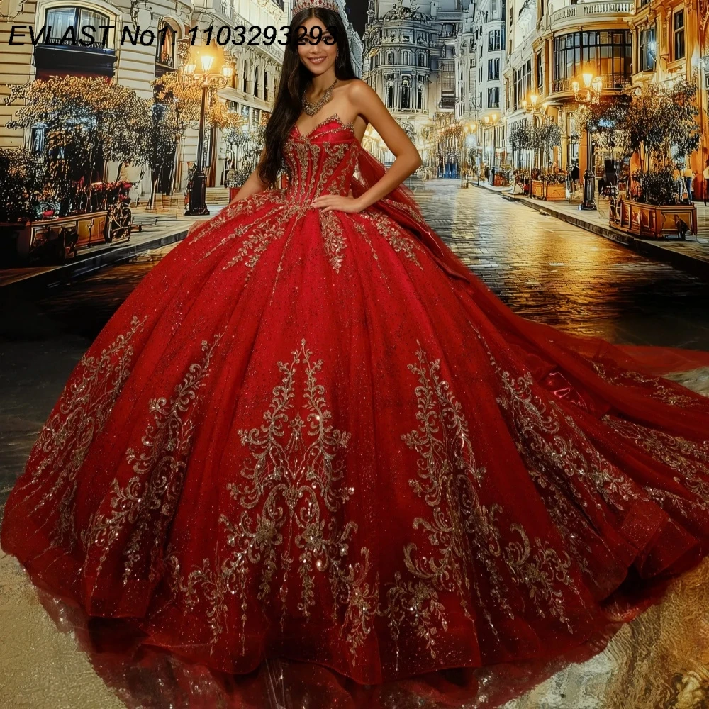 Индивидуальное красное платье EVLAST для Quinceanera с блестками, бальное платье с золотой кружевной аппликацией и бисером, накидка, для Sweet 16, Vestidos De 15 Anos AQ166