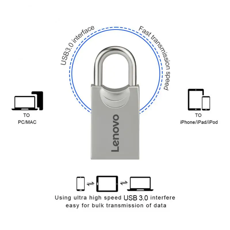 Lenovo-Mini clé USB en métal haute vitesse, clé USB, clé USB argentée, stockage externe doré, disque U, 1 To, 2 To, 128 Go